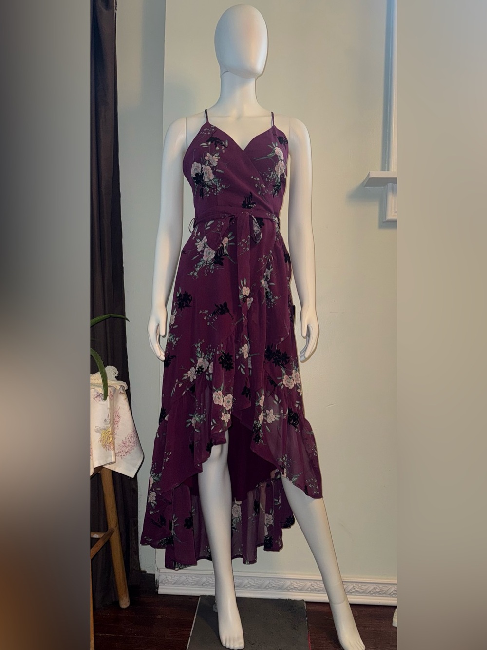 Lulu's Burgundy Floral High-Low Wrap Dress